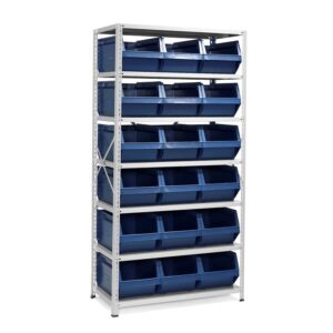 Regál POWER s 18 modrými plastovými boxami série 9000